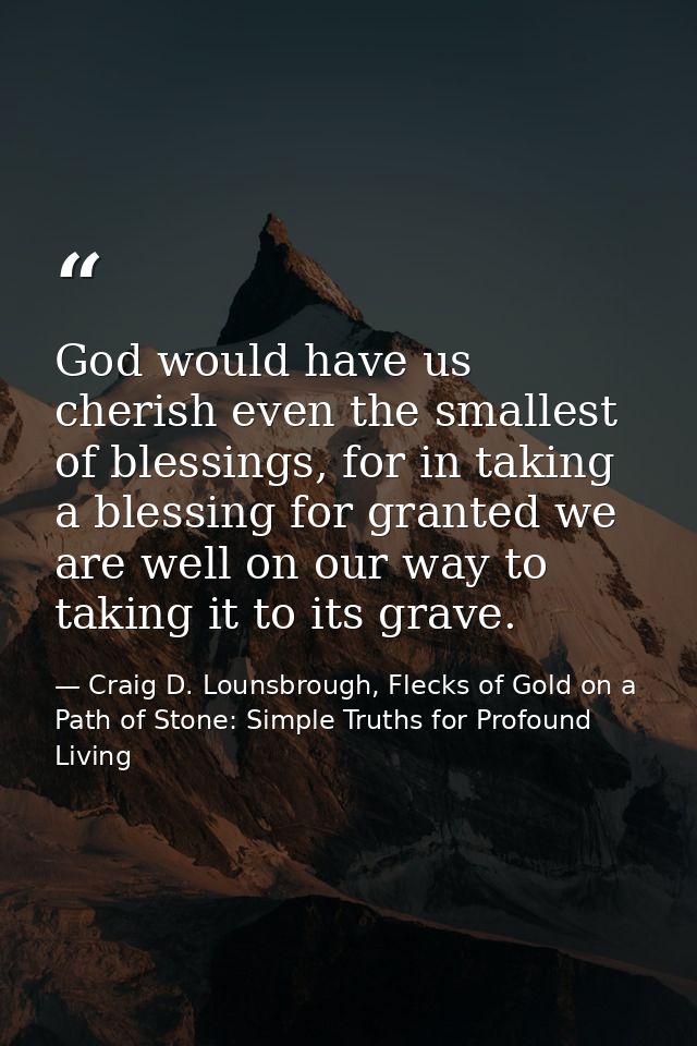 God would have us cherish even the smallest of blessings, for in taking a blessing for granted we are well on our way to — Craig D. Lounsbrough, Flecks of Gold on a Path of Stone: Simple Truths for Profound Living