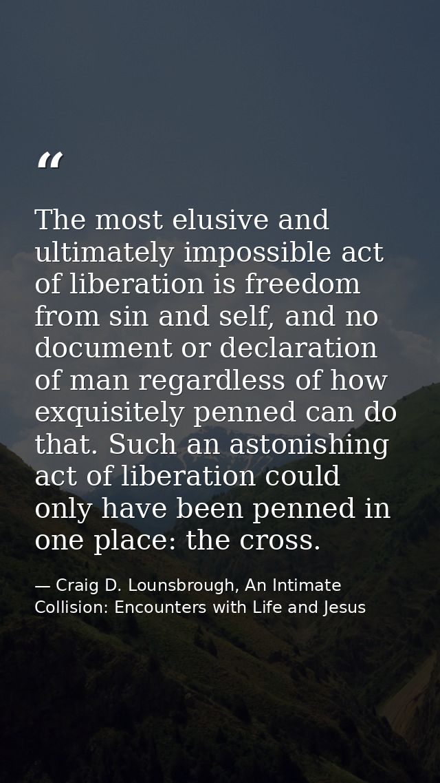 The most elusive and ultimately impossible act of liberation is freedom from sin and self, and no document or declaratio — Craig D. Lounsbrough, An Intimate Collision: Encounters with Life and Jesus