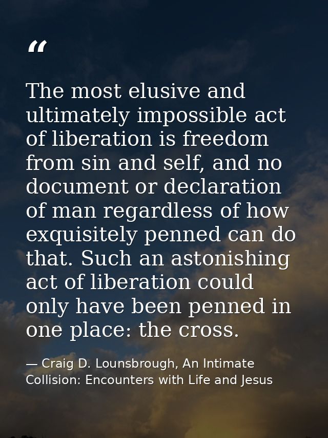 The most elusive and ultimately impossible act of liberation is freedom from sin and self, and no document or declaratio — Craig D. Lounsbrough, An Intimate Collision: Encounters with Life and Jesus