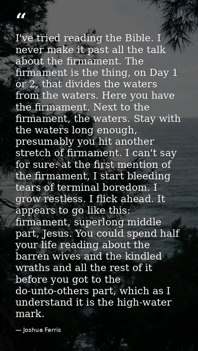I've tried reading the Bible. I never make it past all the talk about the firmament. The firmament is the thing, on Day  — Joshua Ferris