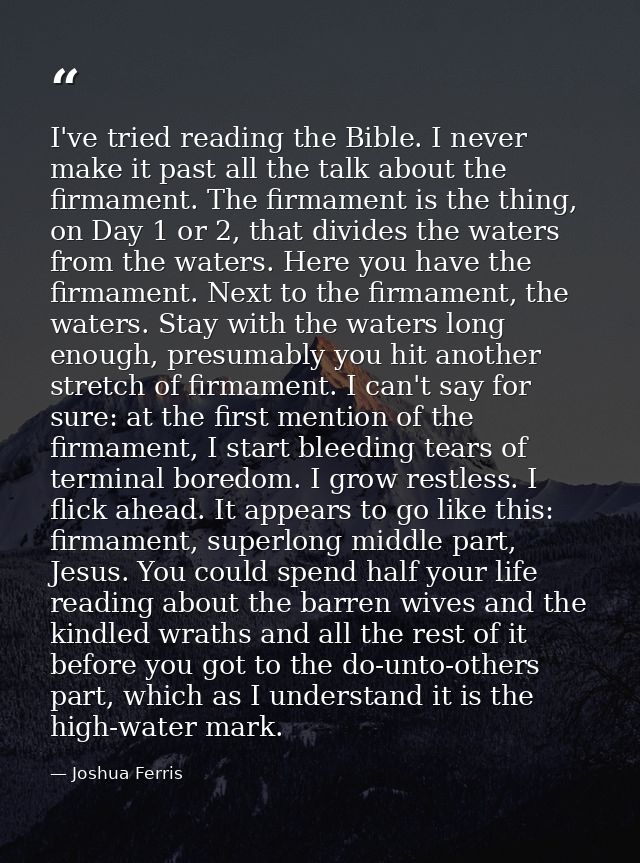 I've tried reading the Bible. I never make it past all the talk about the firmament. The firmament is the thing, on Day  — Joshua Ferris