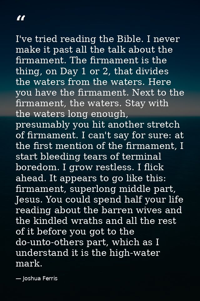 I've tried reading the Bible. I never make it past all the talk about the firmament. The firmament is the thing, on Day  — Joshua Ferris