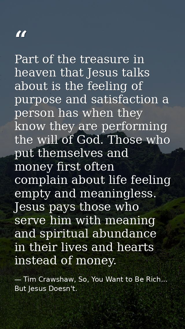 Part of the treasure in heaven that Jesus talks about is the feeling of purpose and satisfaction a person has when they  — Tim Crawshaw, So, You Want to Be Rich... But Jesus Doesn't.