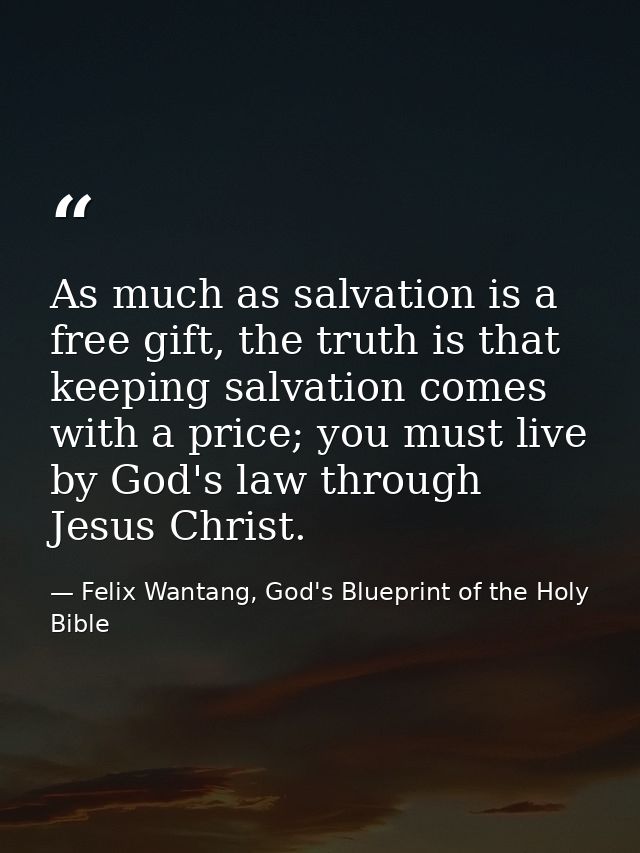 As much as salvation is a free gift, the truth is that keeping salvation comes with a price; you must live by God's law  — Felix Wantang, God's Blueprint of the Holy Bible