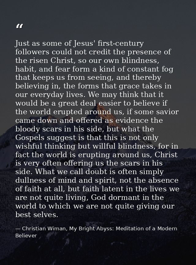 Just as some of Jesus' first-century followers could not credit the presence of the risen Christ, so our own blindness,  — Christian Wiman, My Bright Abyss: Meditation of a Modern Believer