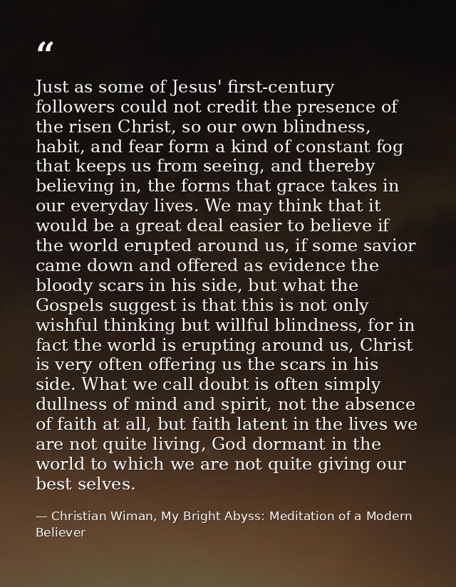 Just as some of Jesus' first-century followers could not credit the presence of the risen Christ, so our own blindness,  — Christian Wiman, My Bright Abyss: Meditation of a Modern Believer