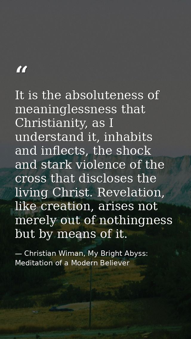 It is the absoluteness of meaninglessness that Christianity, as I understand it, inhabits and inflects, the shock and st — Christian Wiman, My Bright Abyss: Meditation of a Modern Believer