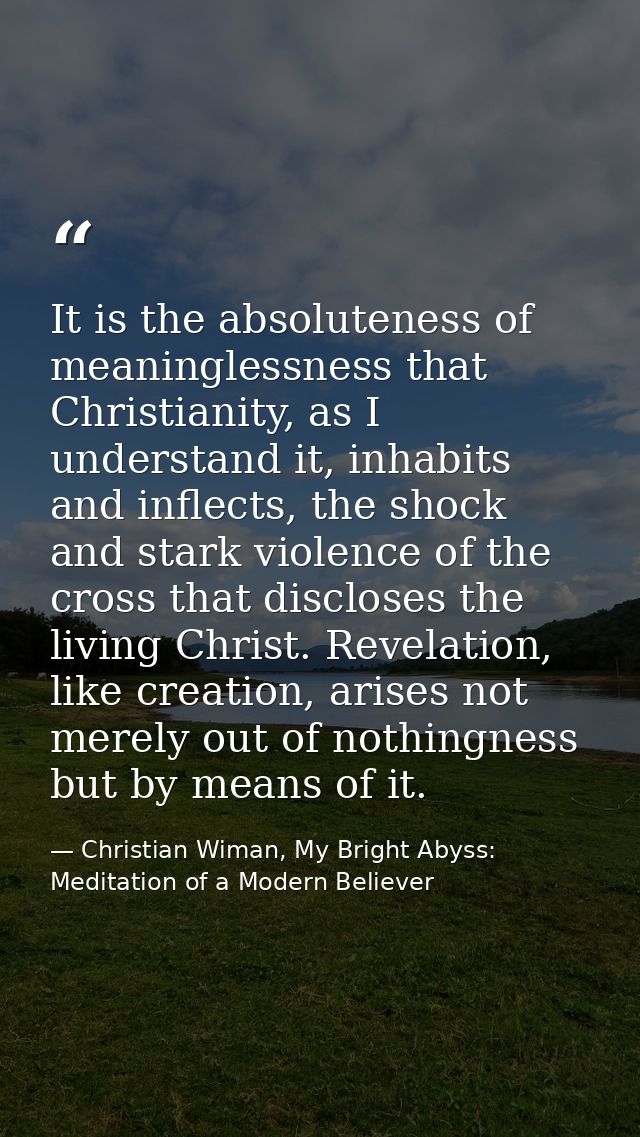 It is the absoluteness of meaninglessness that Christianity, as I understand it, inhabits and inflects, the shock and st — Christian Wiman, My Bright Abyss: Meditation of a Modern Believer