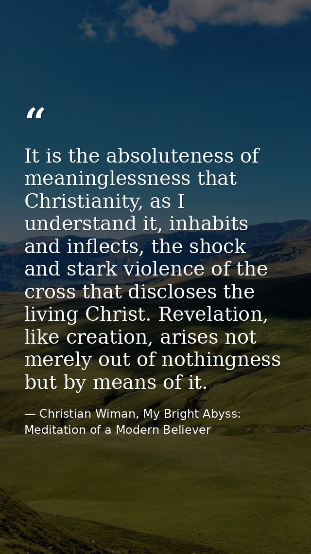 It is the absoluteness of meaninglessness that Christianity, as I understand it, inhabits and inflects, the shock and st — Christian Wiman, My Bright Abyss: Meditation of a Modern Believer