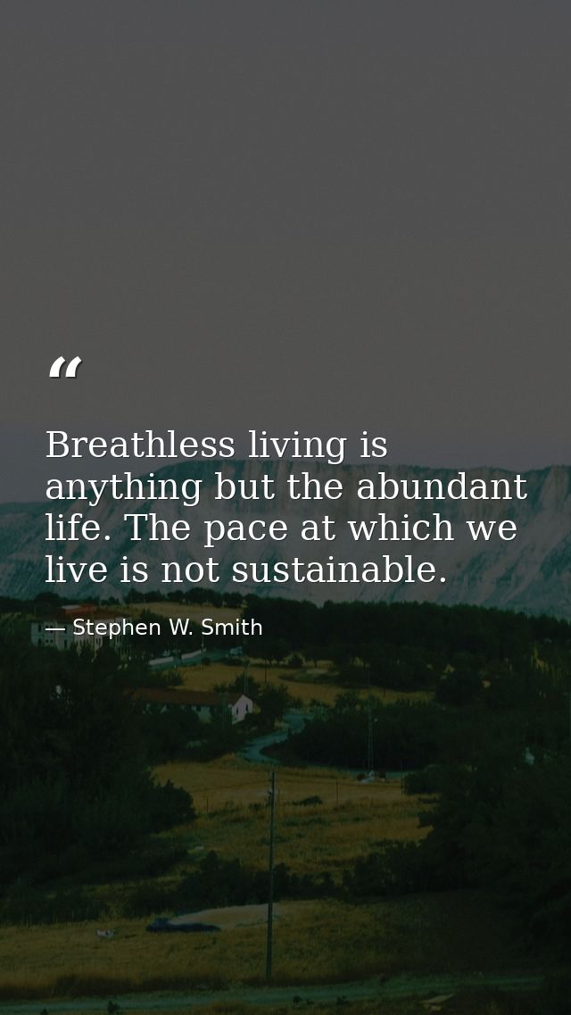 Breathless living is anything but the abundant life. The pace at which we live is not sustainable. — Stephen W. Smith
