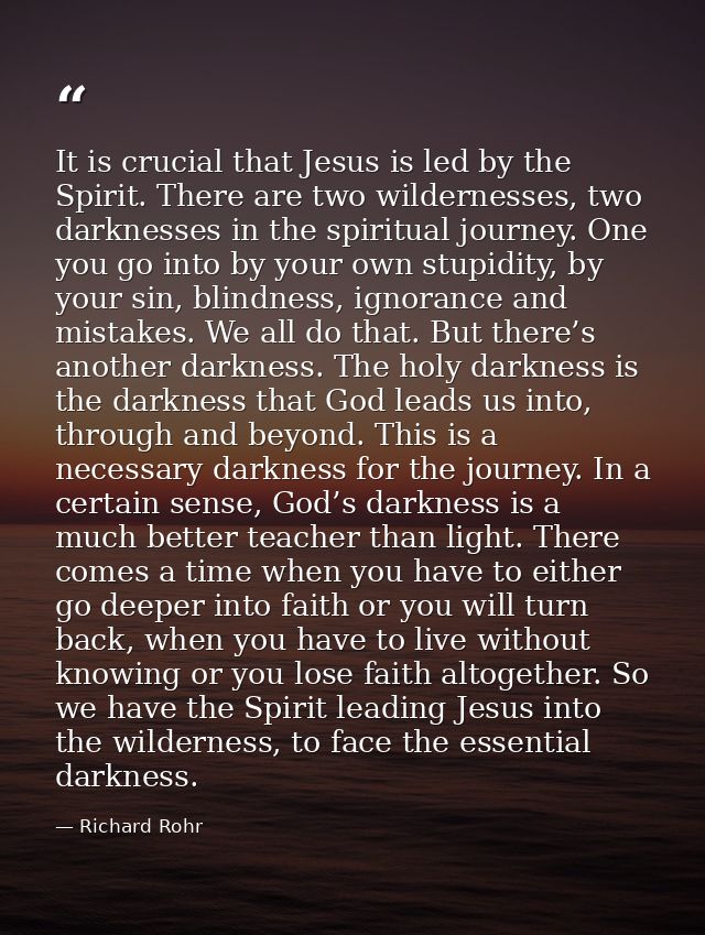 It is crucial that Jesus is led by the Spirit. There are two wildernesses, two darknesses in the spiritual journey. One  — Richard Rohr