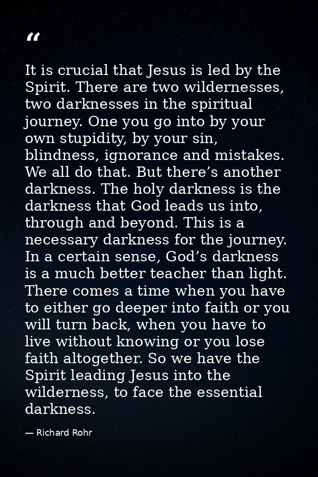 It is crucial that Jesus is led by the Spirit. There are two wildernesses, two darknesses in the spiritual journey. One  — Richard Rohr