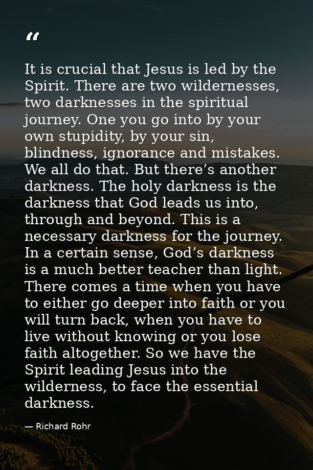 It is crucial that Jesus is led by the Spirit. There are two wildernesses, two darknesses in the spiritual journey. One  — Richard Rohr