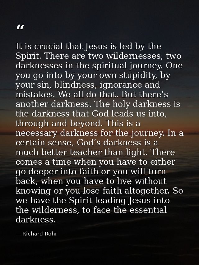 It is crucial that Jesus is led by the Spirit. There are two wildernesses, two darknesses in the spiritual journey. One  — Richard Rohr