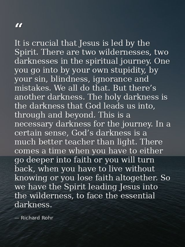 It is crucial that Jesus is led by the Spirit. There are two wildernesses, two darknesses in the spiritual journey. One  — Richard Rohr