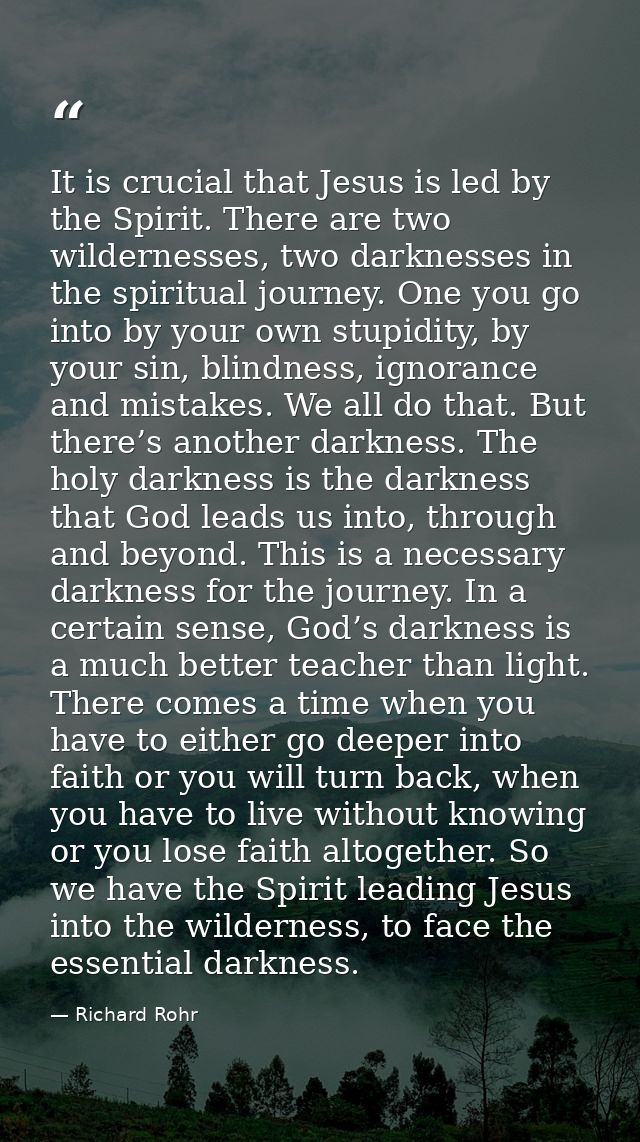 It is crucial that Jesus is led by the Spirit. There are two wildernesses, two darknesses in the spiritual journey. One  — Richard Rohr