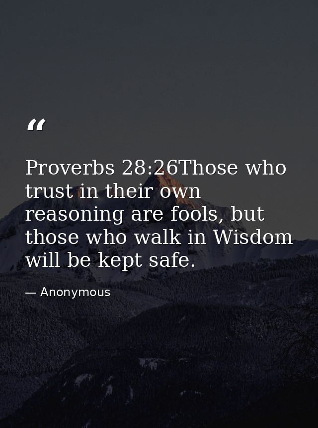 Proverbs 28:26Those who trust in their own reasoning are fools, but those who walk in Wisdom will be kept safe. — Anonymous