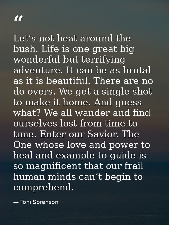 Let’s not beat around the bush. Life is one great big wonderful but terrifying adventure. It can be as brutal as it is b — Toni Sorenson