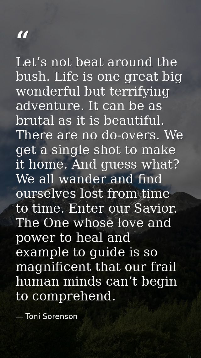 Let’s not beat around the bush. Life is one great big wonderful but terrifying adventure. It can be as brutal as it is b — Toni Sorenson