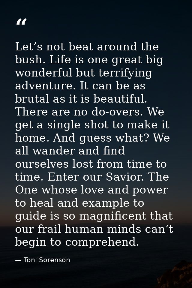 Let’s not beat around the bush. Life is one great big wonderful but terrifying adventure. It can be as brutal as it is b — Toni Sorenson