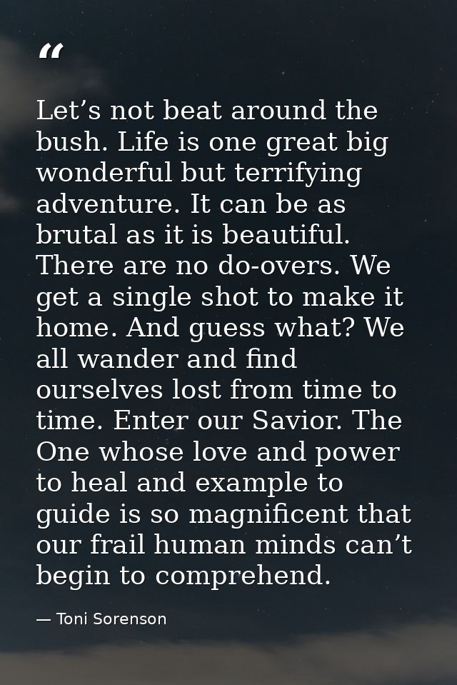 Let’s not beat around the bush. Life is one great big wonderful but terrifying adventure. It can be as brutal as it is b — Toni Sorenson