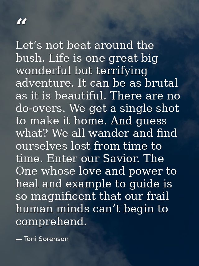 Let’s not beat around the bush. Life is one great big wonderful but terrifying adventure. It can be as brutal as it is b — Toni Sorenson