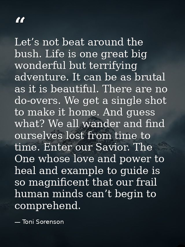 Let’s not beat around the bush. Life is one great big wonderful but terrifying adventure. It can be as brutal as it is b — Toni Sorenson