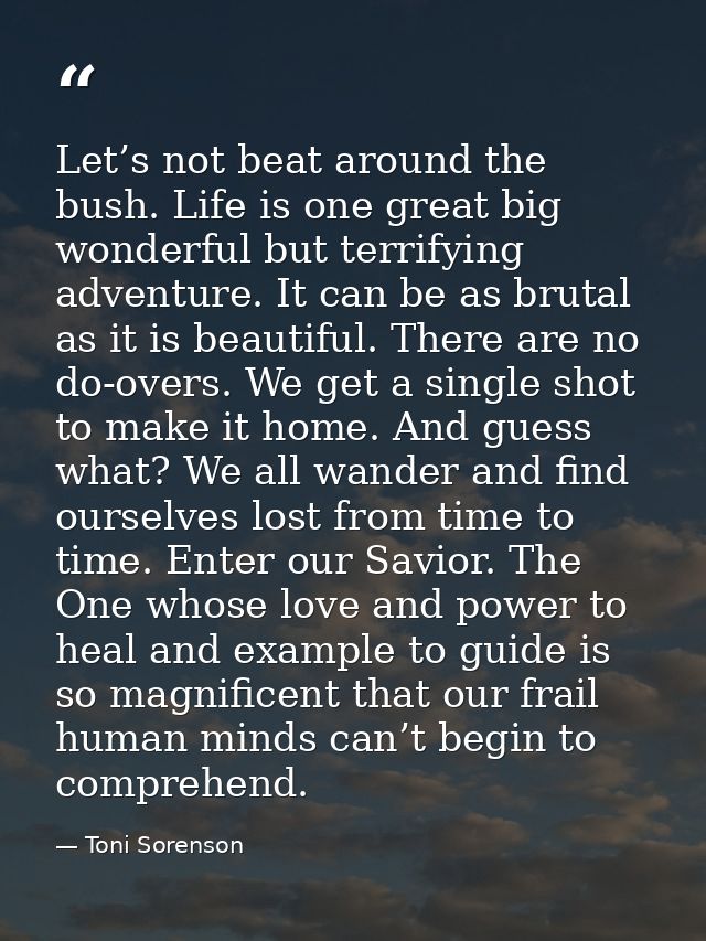 Let’s not beat around the bush. Life is one great big wonderful but terrifying adventure. It can be as brutal as it is b — Toni Sorenson