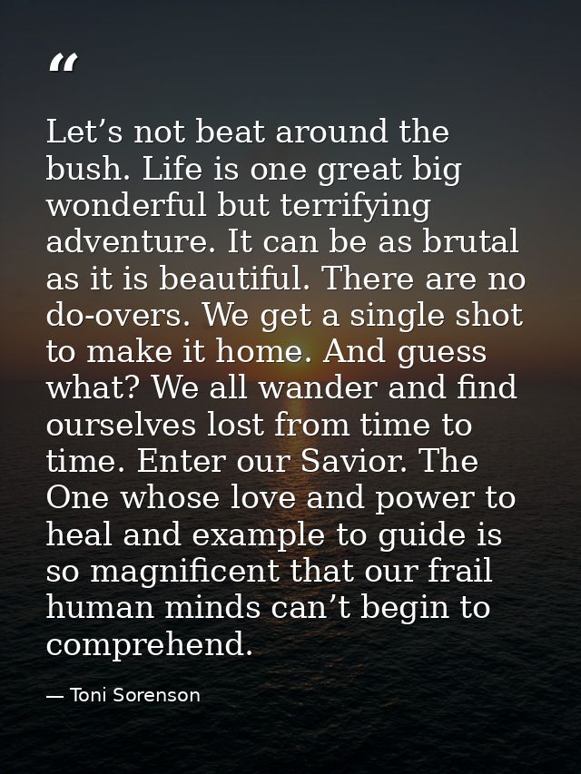 Let’s not beat around the bush. Life is one great big wonderful but terrifying adventure. It can be as brutal as it is b — Toni Sorenson