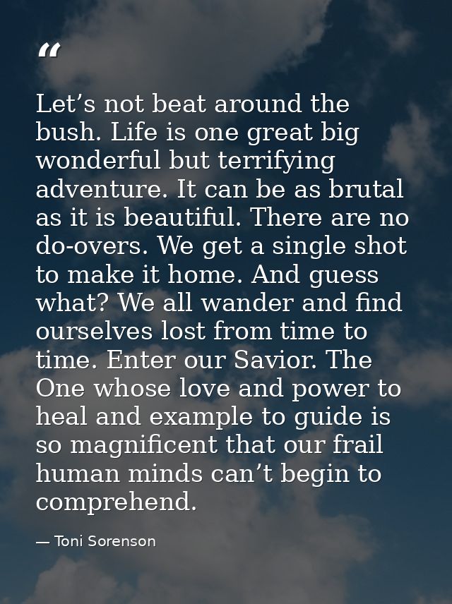 Let’s not beat around the bush. Life is one great big wonderful but terrifying adventure. It can be as brutal as it is b — Toni Sorenson