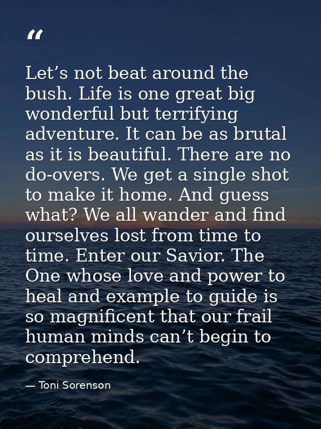 Let’s not beat around the bush. Life is one great big wonderful but terrifying adventure. It can be as brutal as it is b — Toni Sorenson