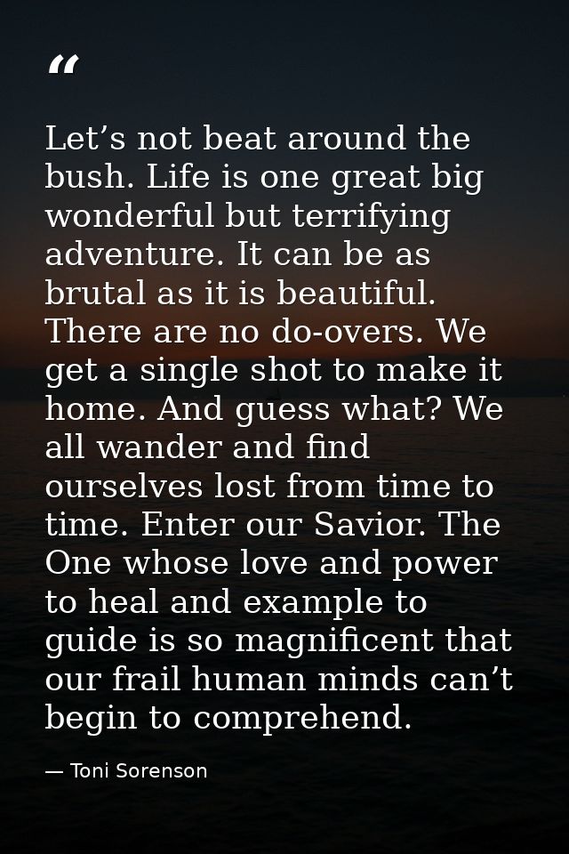 Let’s not beat around the bush. Life is one great big wonderful but terrifying adventure. It can be as brutal as it is b — Toni Sorenson