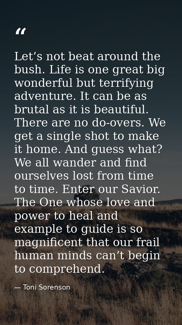 Let’s not beat around the bush. Life is one great big wonderful but terrifying adventure. It can be as brutal as it is b — Toni Sorenson
