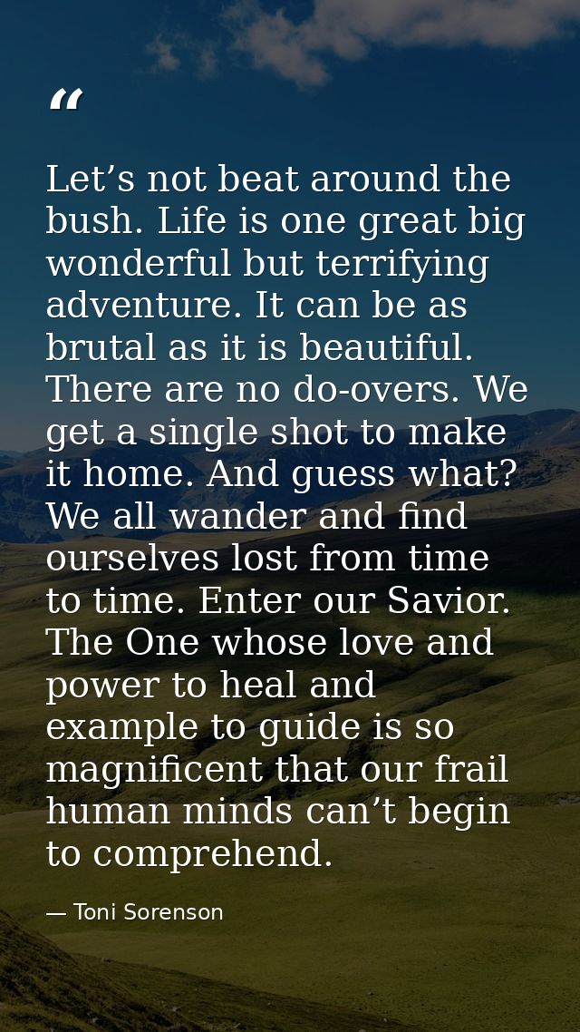 Let’s not beat around the bush. Life is one great big wonderful but terrifying adventure. It can be as brutal as it is b — Toni Sorenson