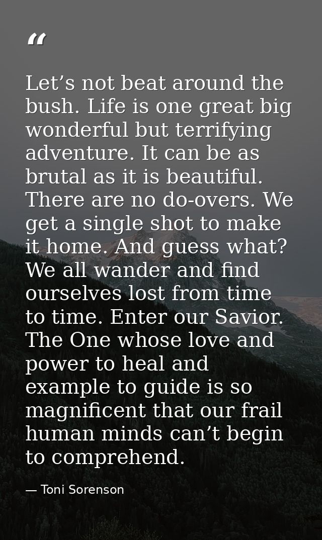Let’s not beat around the bush. Life is one great big wonderful but terrifying adventure. It can be as brutal as it is b — Toni Sorenson