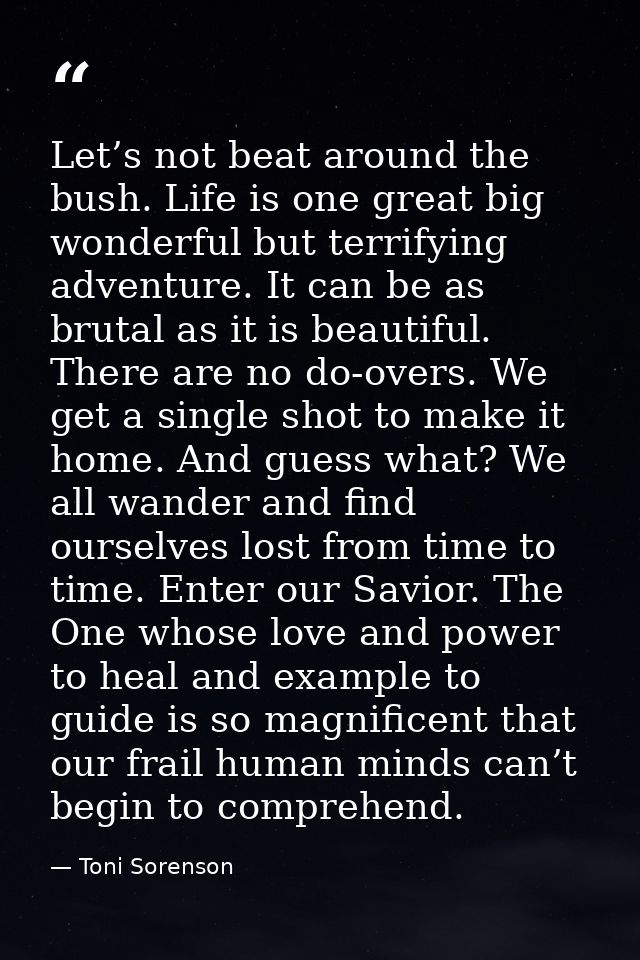 Let’s not beat around the bush. Life is one great big wonderful but terrifying adventure. It can be as brutal as it is b — Toni Sorenson
