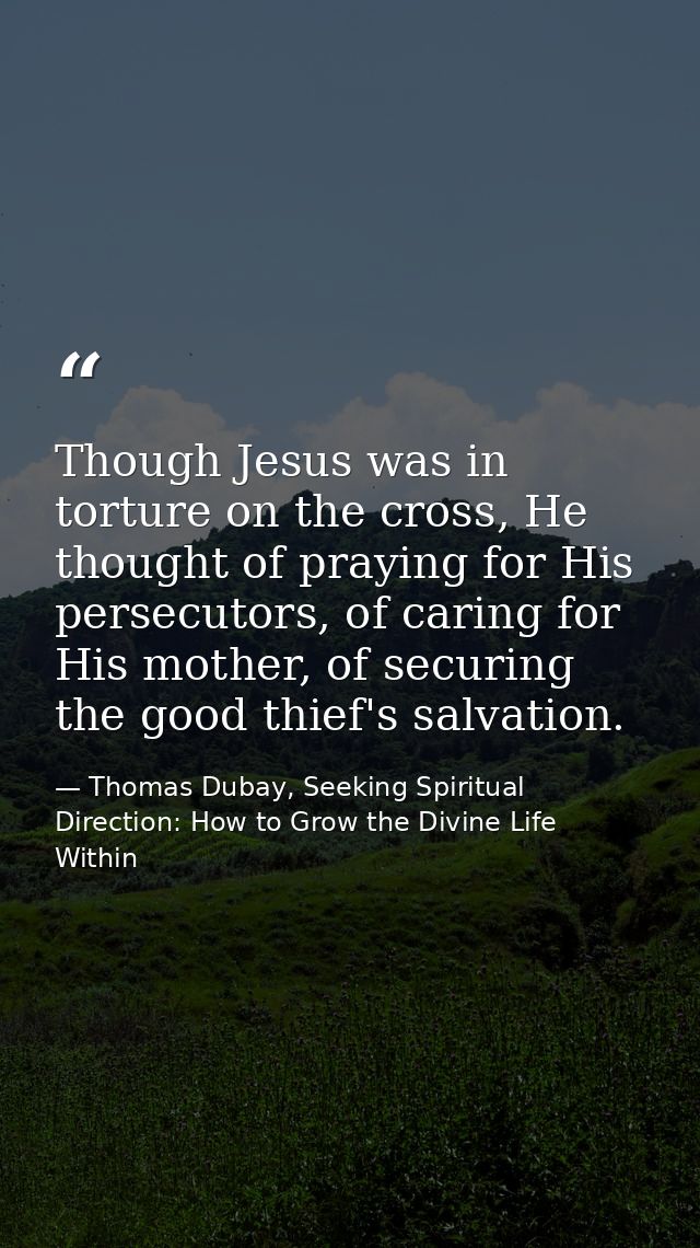 Though Jesus was in torture on the cross, He thought of praying for His persecutors, of caring for His mother, of securi — Thomas Dubay, Seeking Spiritual Direction: How to Grow the Divine Life Within