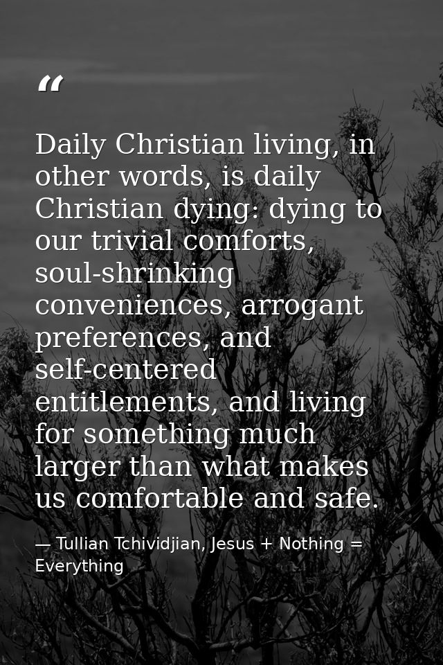 Daily Christian living, in other words, is daily Christian dying: dying to our trivial comforts, soul-shrinking convenie — Tullian Tchividjian, Jesus + Nothing = Everything