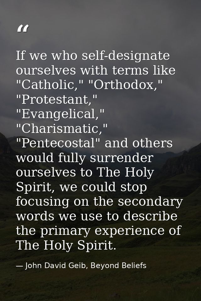 If we who self-designate ourselves with terms like "Catholic," "Orthodox," "Protestant," "Evangelical," "Charismatic," " — John David Geib, Beyond Beliefs