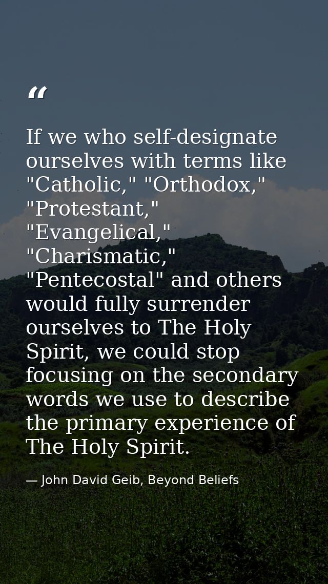 If we who self-designate ourselves with terms like "Catholic," "Orthodox," "Protestant," "Evangelical," "Charismatic," " — John David Geib, Beyond Beliefs