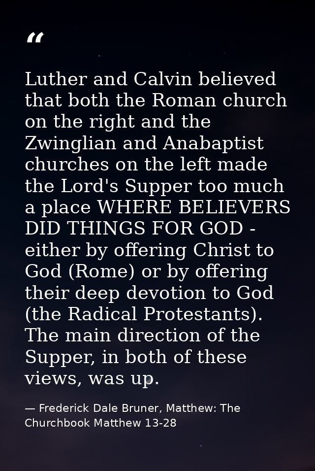 Luther and Calvin believed that both the Roman church on the right and the Zwinglian and Anabaptist churches on the left — Frederick Dale Bruner, Matthew: The Churchbook Matthew 13-28