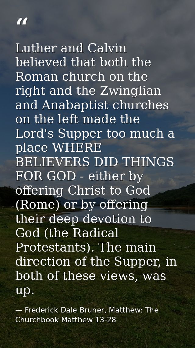 Luther and Calvin believed that both the Roman church on the right and the Zwinglian and Anabaptist churches on the left — Frederick Dale Bruner, Matthew: The Churchbook Matthew 13-28