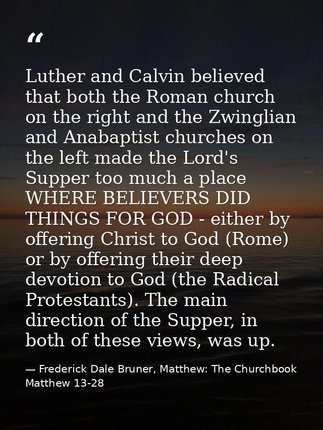 Luther and Calvin believed that both the Roman church on the right and the Zwinglian and Anabaptist churches on the left — Frederick Dale Bruner, Matthew: The Churchbook Matthew 13-28