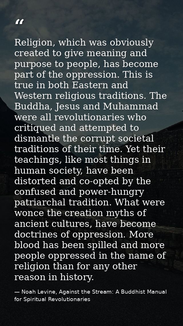 Religion, which was obviously created to give meaning and purpose to people, has become part of the oppression. This is  — Noah Levine, Against the Stream: A Buddhist Manual for Spiritual Revolutionaries