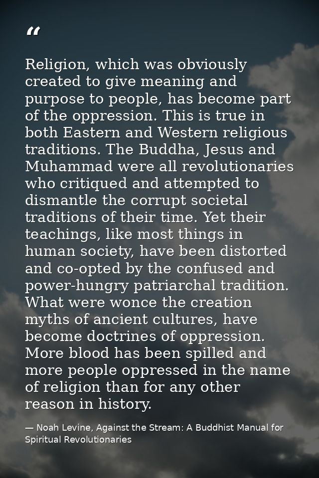 Religion, which was obviously created to give meaning and purpose to people, has become part of the oppression. This is  — Noah Levine, Against the Stream: A Buddhist Manual for Spiritual Revolutionaries
