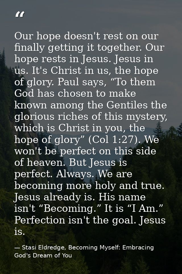 Our hope doesn't rest on our finally getting it together. Our hope rests in Jesus. Jesus in us. It's Christ in us, the h — Stasi Eldredge, Becoming Myself: Embracing God's Dream of You
