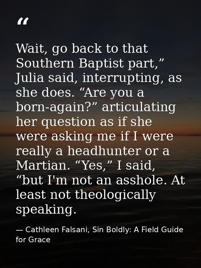 Wait, go back to that Southern Baptist part,” Julia said, interrupting, as she does. “Are you a born-again?” articulatin — Cathleen Falsani, Sin Boldly: A Field Guide for Grace