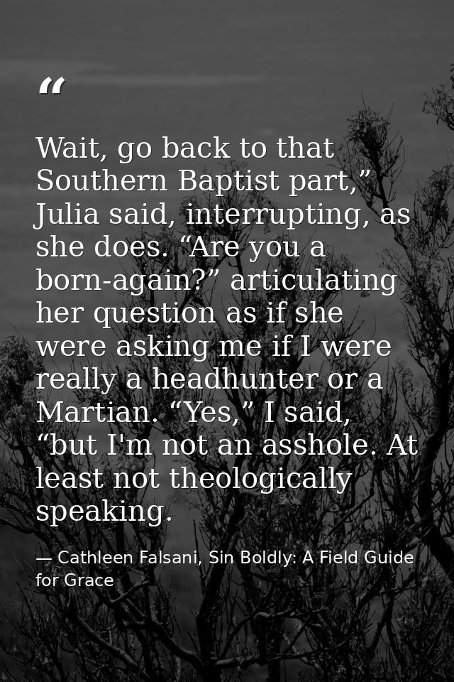 Wait, go back to that Southern Baptist part,” Julia said, interrupting, as she does. “Are you a born-again?” articulatin — Cathleen Falsani, Sin Boldly: A Field Guide for Grace