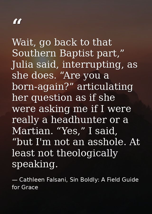 Wait, go back to that Southern Baptist part,” Julia said, interrupting, as she does. “Are you a born-again?” articulatin — Cathleen Falsani, Sin Boldly: A Field Guide for Grace