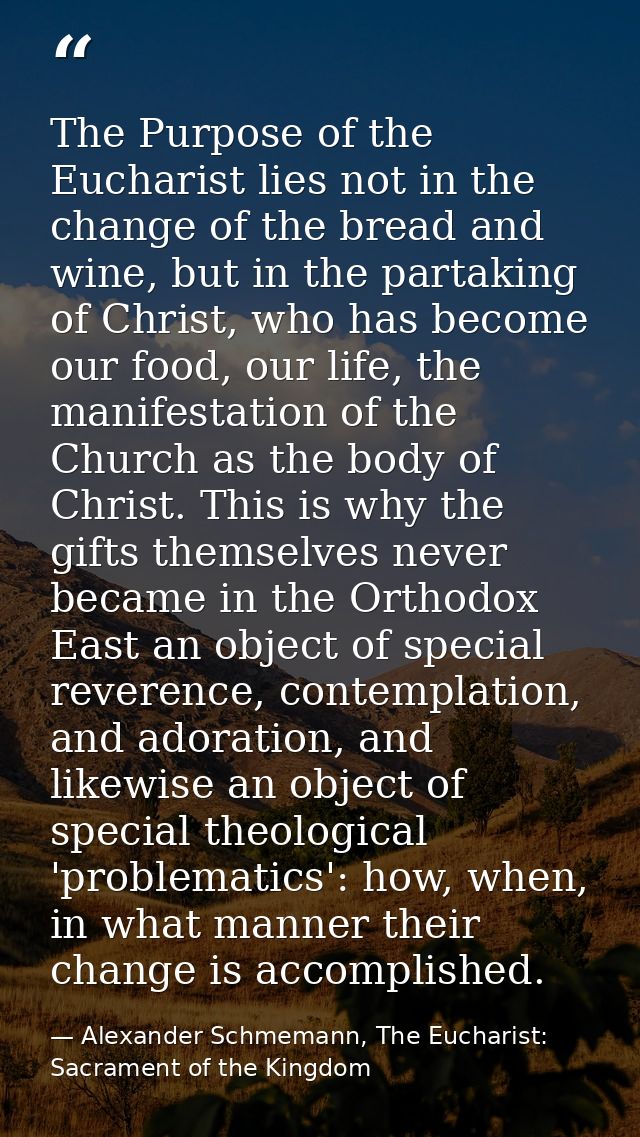 The Purpose of the Eucharist lies not in the change of the bread and wine, but in the partaking of Christ, who has becom — Alexander Schmemann, The Eucharist: Sacrament of the Kingdom